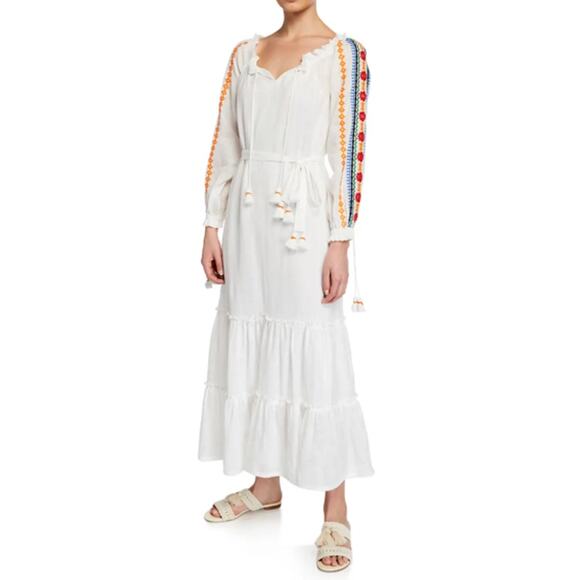 Tory Burch Embroidered Split Neck Long Sleeve Peasant Dress belted Women's Small - Picture 1 of 8